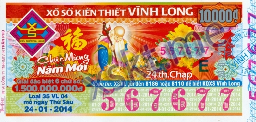 Mẫu vé sô xổ số Vĩnh Long ngày 24/1/2014