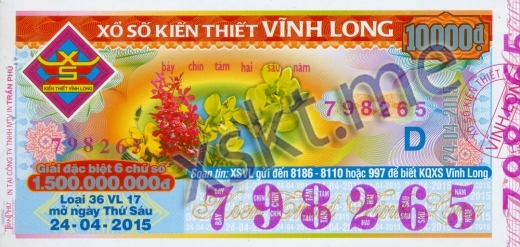 Mẫu vé sô xổ số Vĩnh Long ngày 24/4/2015