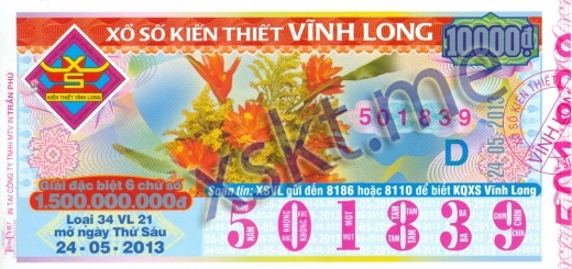 Mẫu vé sô xổ số Vĩnh Long ngày 24/5/2013