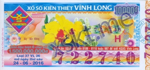 Mẫu vé sô xổ số Vĩnh Long ngày 24/6/2016