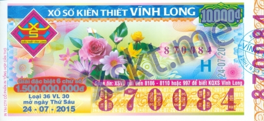 Mẫu vé sô xổ số Vĩnh Long ngày 24/7/2015