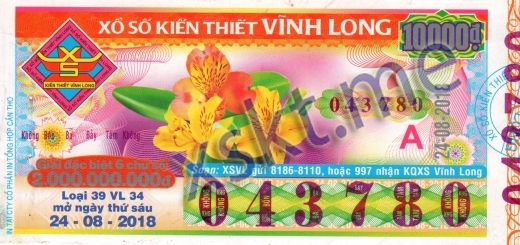 Mẫu vé sô xổ số Vĩnh Long ngày 24/8/2018