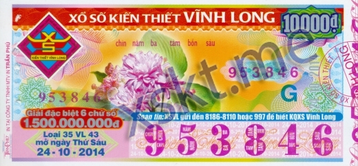 Mẫu vé sô xổ số Vĩnh Long ngày 24/10/2014