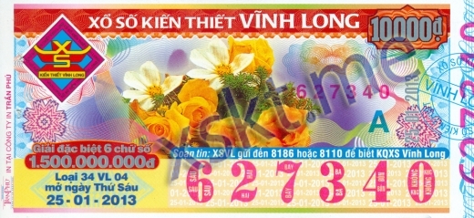 Mẫu vé sô xổ số Vĩnh Long ngày 25/1/2013