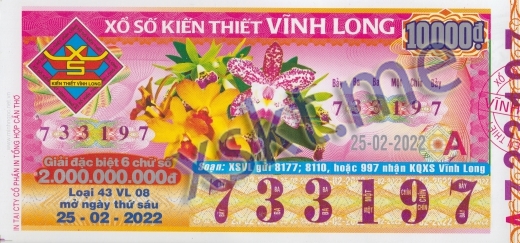 Mẫu vé sô xổ số Vĩnh Long ngày 25/2/2022