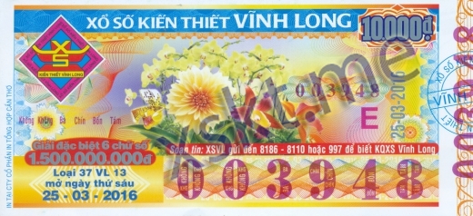 Mẫu vé sô xổ số Vĩnh Long ngày 25/3/2016