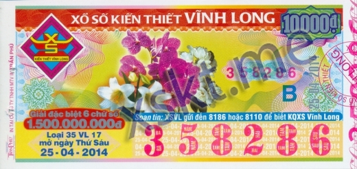 Mẫu vé sô xổ số Vĩnh Long ngày 25/4/2014