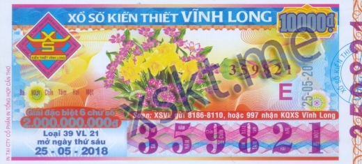 Mẫu vé sô xổ số Vĩnh Long ngày 25/5/2018