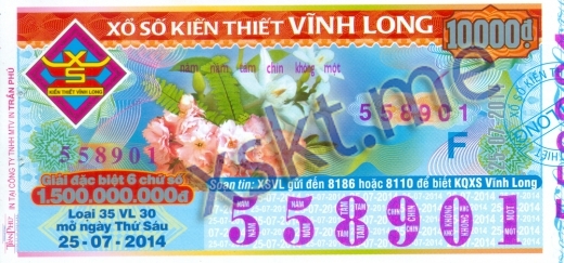 Mẫu vé sô xổ số Vĩnh Long ngày 25/7/2014