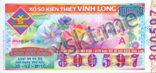 Mẫu vé sô xổ số Vĩnh Long ngày 25/12/2015
