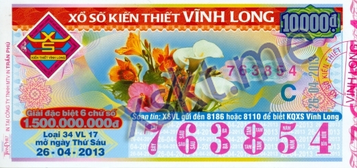 Mẫu vé sô xổ số Vĩnh Long ngày 26/4/2013