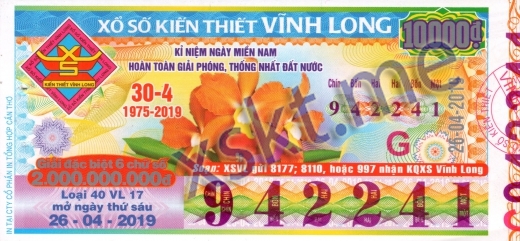 Mẫu vé sô xổ số Vĩnh Long ngày 26/4/2019
