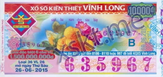 Mẫu vé sô xổ số Vĩnh Long ngày 26/6/2015