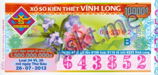 Mẫu vé sô xổ số Vĩnh Long ngày 26/7/2013