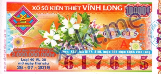 Mẫu vé sô xổ số Vĩnh Long ngày 26/7/2019