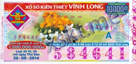 Mẫu vé sô xổ số Vĩnh Long ngày 26/9/2014