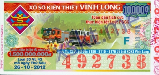 Mẫu vé sô xổ số Vĩnh Long ngày 26/10/2012