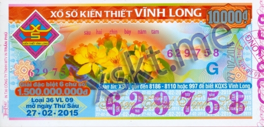 Mẫu vé sô xổ số Vĩnh Long ngày 27/2/2015