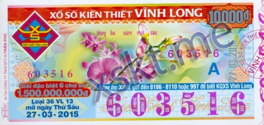 Mẫu vé sô xổ số Vĩnh Long ngày 27/3/2015