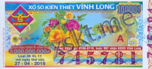 Mẫu vé sô xổ số Vĩnh Long ngày 27/4/2018