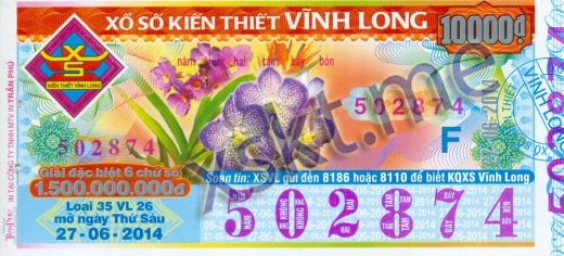 Mẫu vé sô xổ số Vĩnh Long ngày 27/6/2014