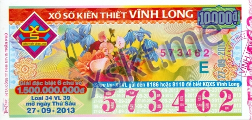 Mẫu vé sô xổ số Vĩnh Long ngày 27/9/2013