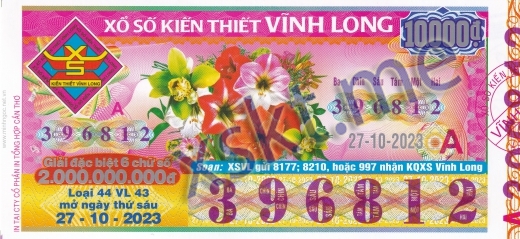 Mẫu vé sô xổ số Vĩnh Long ngày 27/10/2023