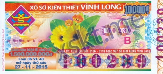 Mẫu vé sô xổ số Vĩnh Long ngày 27/11/2015