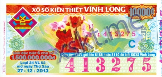 Mẫu vé sô xổ số Vĩnh Long ngày 27/12/2013