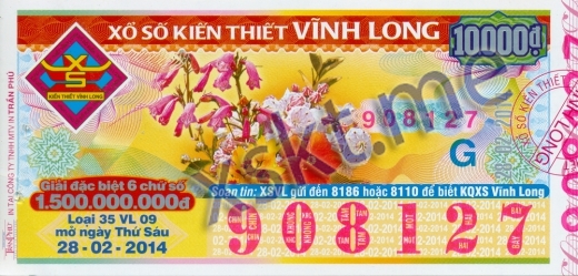Mẫu vé sô xổ số Vĩnh Long ngày 28/2/2014