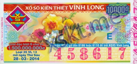 Mẫu vé sô xổ số Vĩnh Long ngày 28/3/2014