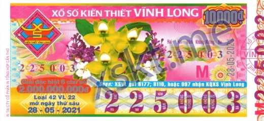 Mẫu vé sô xổ số Vĩnh Long ngày 28/5/2021