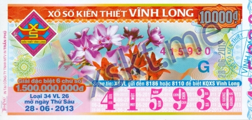 Mẫu vé sô xổ số Vĩnh Long ngày 28/6/2013