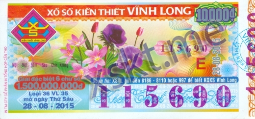 Mẫu vé sô xổ số Vĩnh Long ngày 28/8/2015