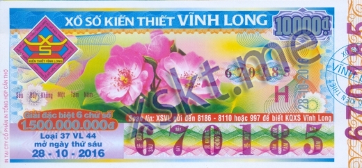 Mẫu vé sô xổ số Vĩnh Long ngày 28/10/2016