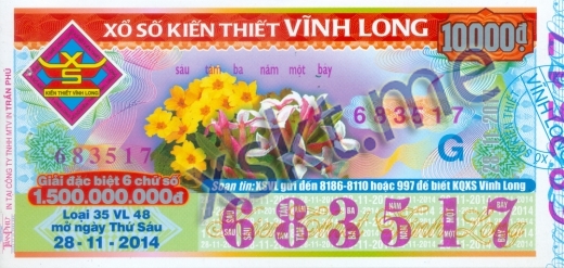 Mẫu vé sô xổ số Vĩnh Long ngày 28/11/2014