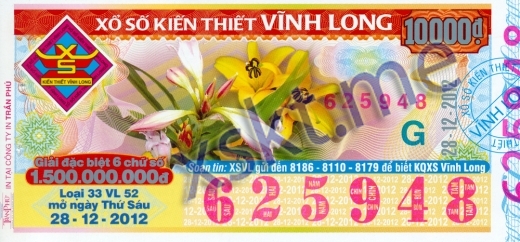 Mẫu vé sô xổ số Vĩnh Long ngày 28/12/2012