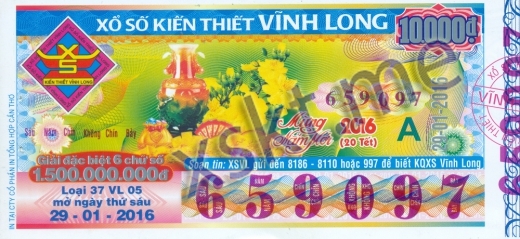 Mẫu vé sô xổ số Vĩnh Long ngày 29/1/2016