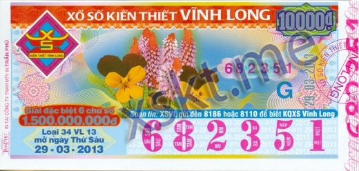 Mẫu vé sô xổ số Vĩnh Long ngày 29/3/2013