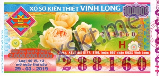 Mẫu vé sô xổ số Vĩnh Long ngày 29/3/2019