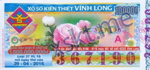 Mẫu vé sô xổ số Vĩnh Long ngày 29/4/2016