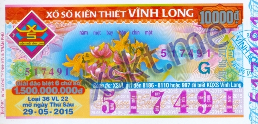 Mẫu vé sô xổ số Vĩnh Long ngày 29/5/2015