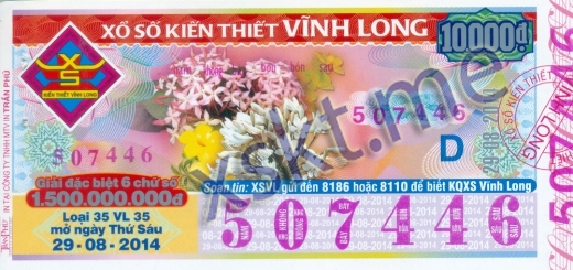 Mẫu vé sô xổ số Vĩnh Long ngày 29/8/2014