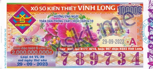 Mẫu vé sô xổ số Vĩnh Long ngày 29/9/2023