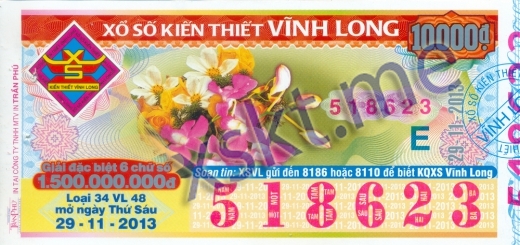 Mẫu vé sô xổ số Vĩnh Long ngày 29/11/2013