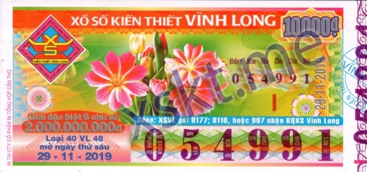 Mẫu vé sô xổ số Vĩnh Long ngày 29/11/2019