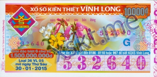 Mẫu vé sô xổ số Vĩnh Long ngày 30/1/2015