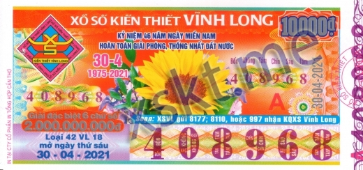 Mẫu vé sô xổ số Vĩnh Long ngày 30/4/2021