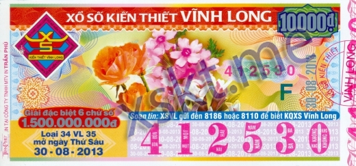 Mẫu vé sô xổ số Vĩnh Long ngày 30/8/2013