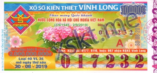 Mẫu vé sô xổ số Vĩnh Long ngày 30/8/2019
